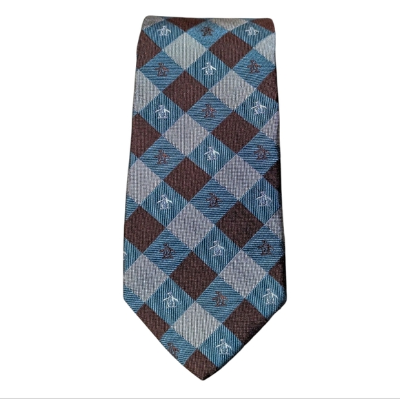 Original Penguin Brown Blue Penguin Silk Narrow Tie Preppy Logo Check - Picture 1 of 6